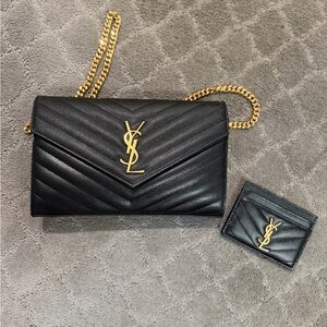 Yves Saint Laurent Black Chevron Crossbody Bag with Gold Chain and card holder